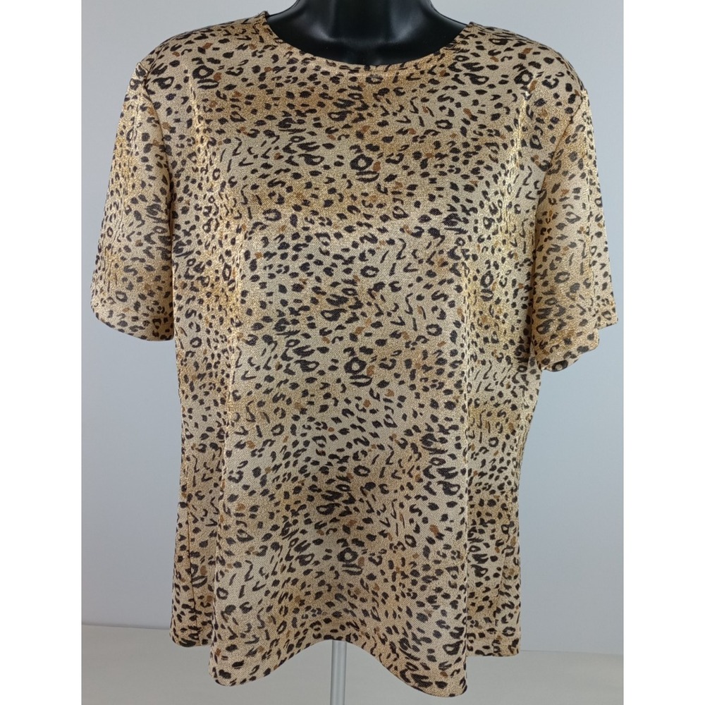 VTG Vue Point Womens L Gold Glimmer Sparkle Leopard Print Short Sleeve Shirt